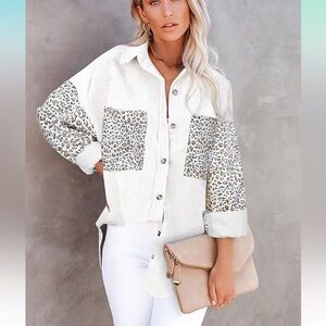 Corduroy Loose Shacket with Leopard Patchwork/Pockets NWOT